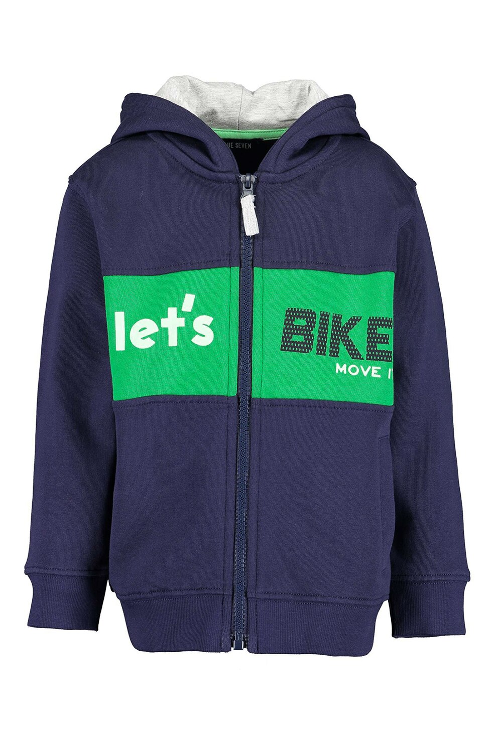 Blue Seven, Hanorac din bumbac cu fermoar si imprimeu text, Bleumarin/Verde/Alb