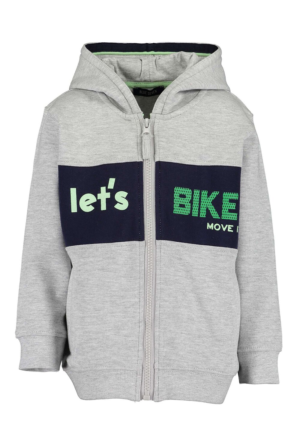 Blue Seven, Hanorac din bumbac cu fermoar si imprimeu text, Gri melange/Negru