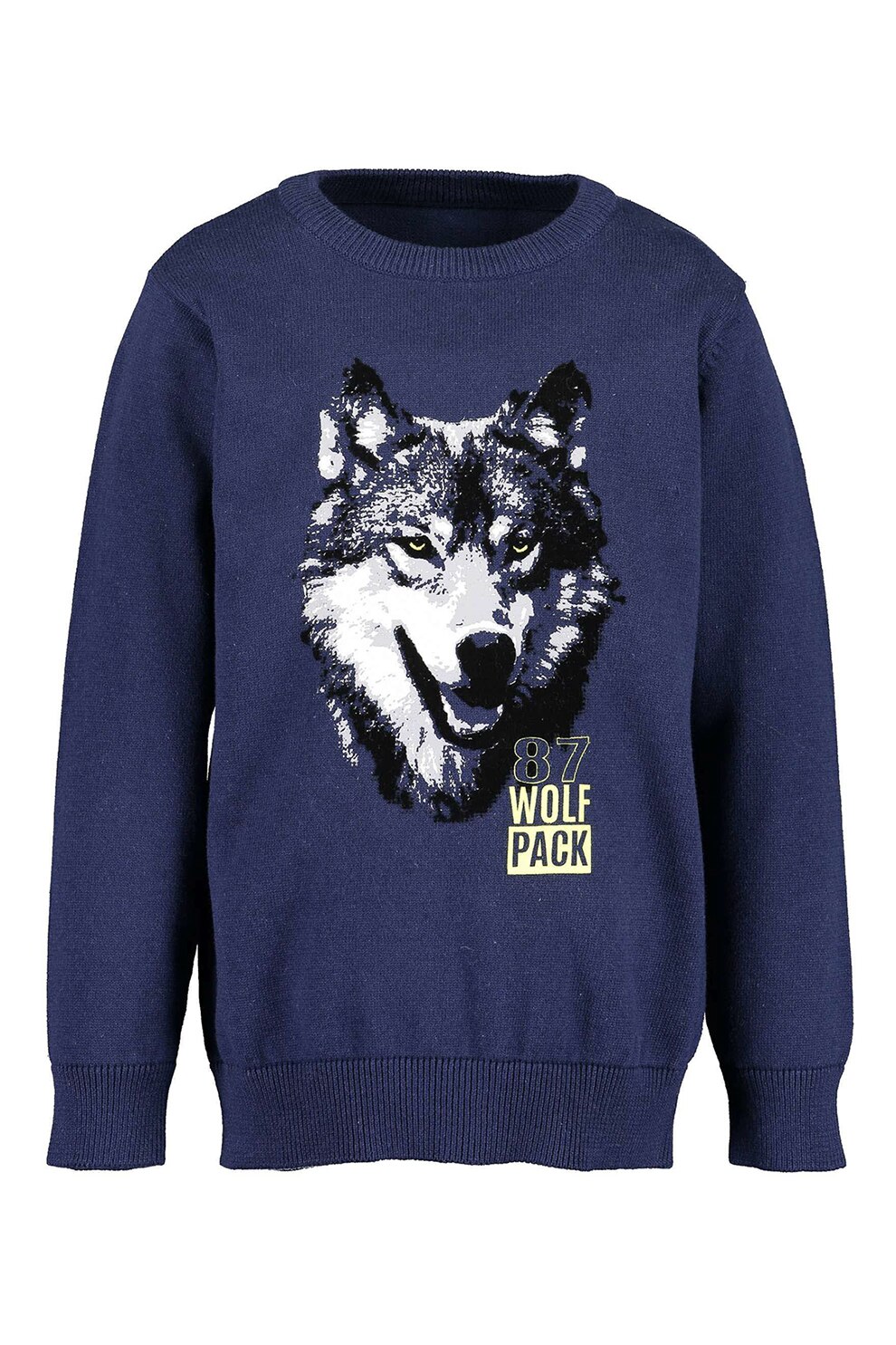 Blue Seven, Pulover cu decolteu la baza gatului si imprimeu grafic, Bleumarin/Alb