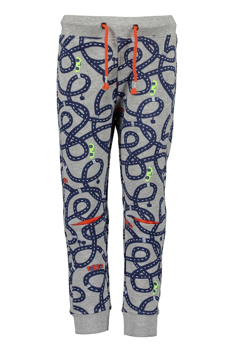 Blue Seven, Pantaloni sport cu snur de ajustare si model grafic, Gri melange/Bleumarin