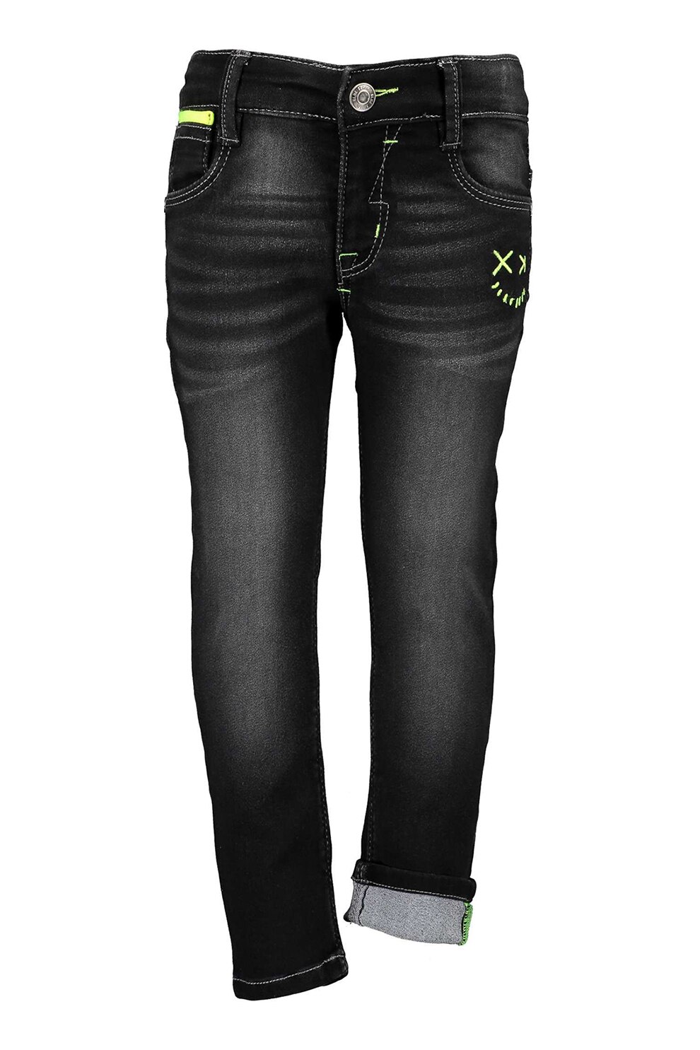 Blue Seven, Blugi cu aspect decolorat si broderie pe partea din fata, Negru