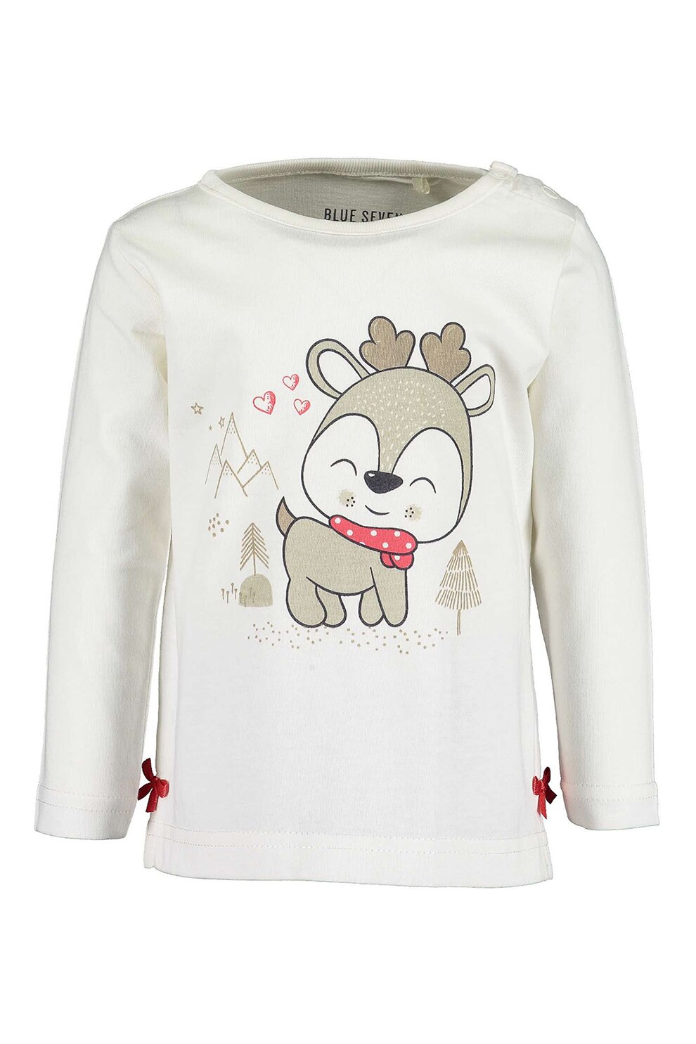 Blue Seven, Bluza cu decolteu rotund si tematica de Craciun, Alb prafuit/Maro camel
