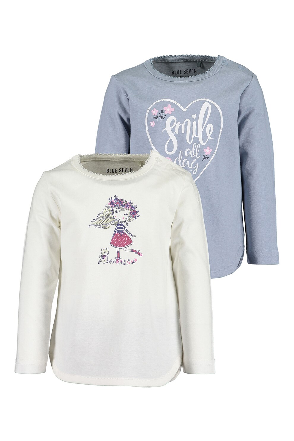 Blue Seven, Set de bluze din bumbac cu imprimeu frontal - 2 piese, Alb/Albastru prafuit