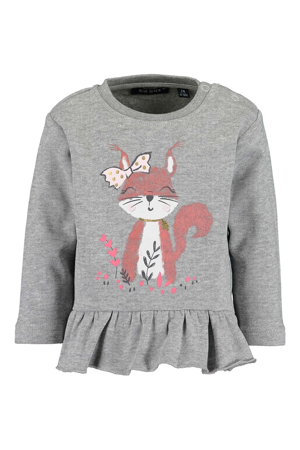 Blue Seven, Bluza cu imprimeu grafic si terminatie cu volane, Gri inchis melange/oranj stins/alb