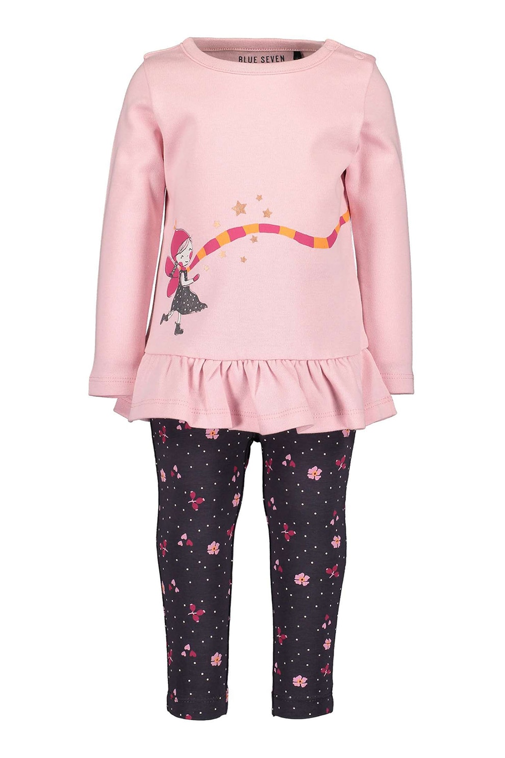 Blue Seven, Set de bluza si colanti cu imprimeu - 2 piese, Roz/bleumarin inchis/alb