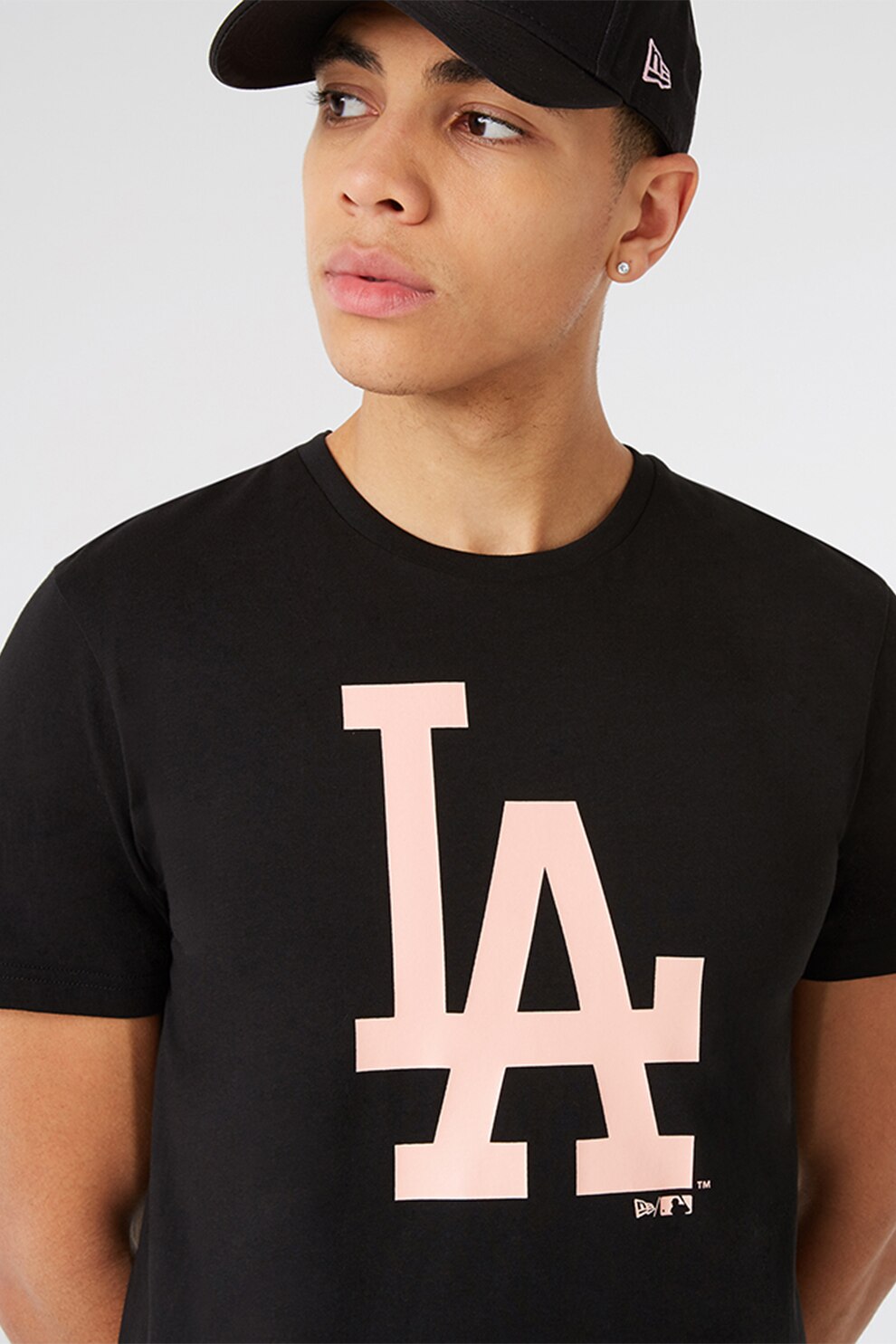 New Era, Tricou din bumbac cu imprimeu text, Negru/Roz pal