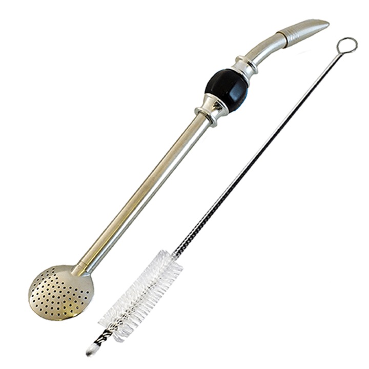 Bombilla Yerba Mate, Cebador, Szűrős szívószál szálas teához, Rozsdamentes acél, 21 cm, Fekete