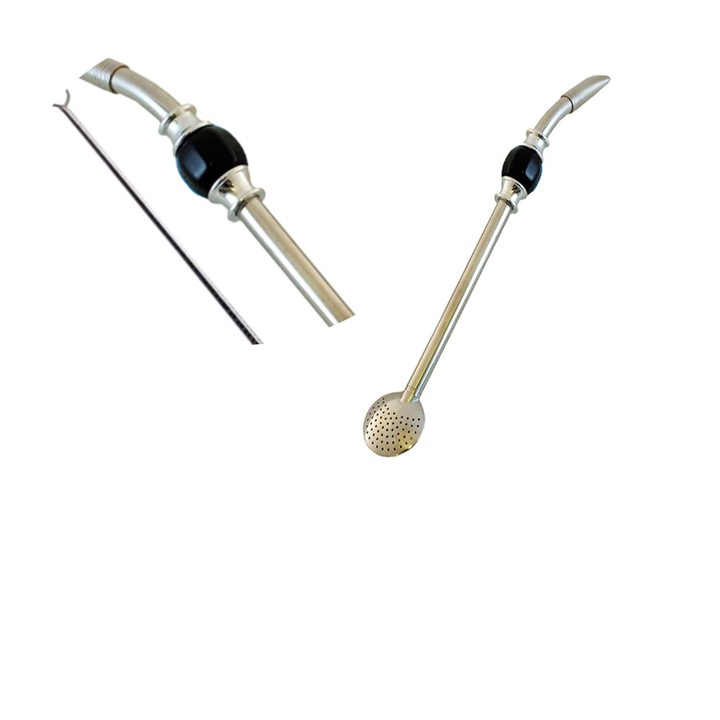 Bombilla Bomba Paie Yerba Mate, Cebador, Otel Inoxidabil, Demontabila, Usor de Curatat, Cu inel de racire, Negru, 21 cm