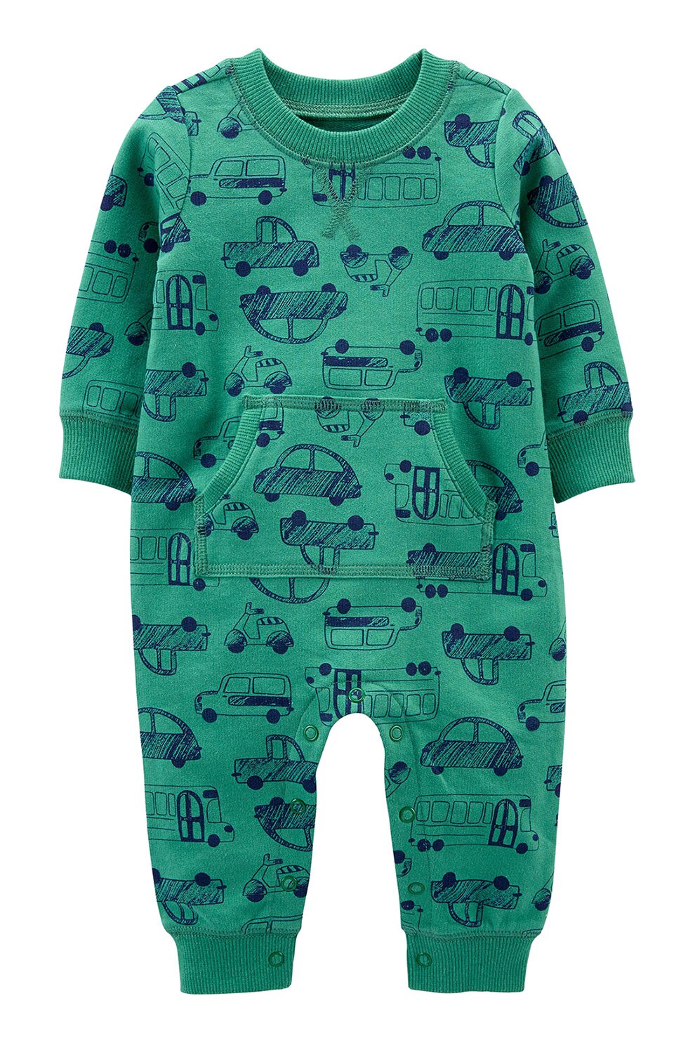 Carter's, Salopeta cu imprimeu, buzunar kangaroo si capse, Verde/Bleumarin