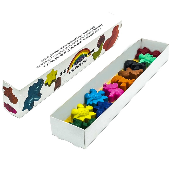 Set 10 Creioane cerate DINO, in forma de dinozauri, multicolor, de la 3 ani, gradinita, scoala