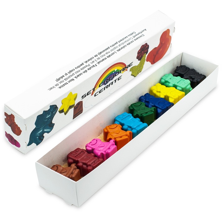 Set 10 Creioane cerate ROBO, in forma de roboti, multicolor, de la 3 ani, gradinita, scoala