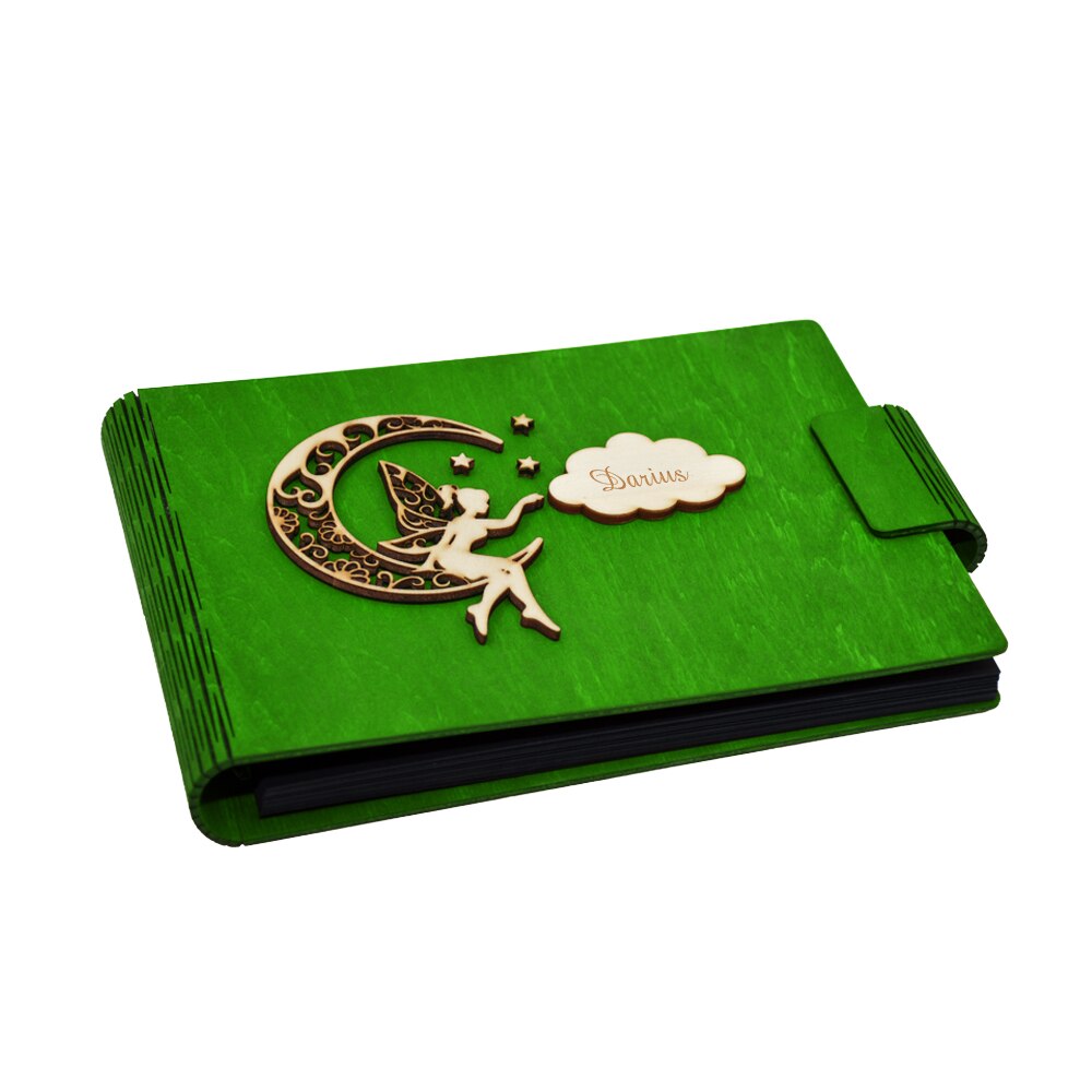 Album foto A5 personalizat din lemn Verde, Piksel, GuestBook, Caiet amintiri pentru copii, Zana pe Luna