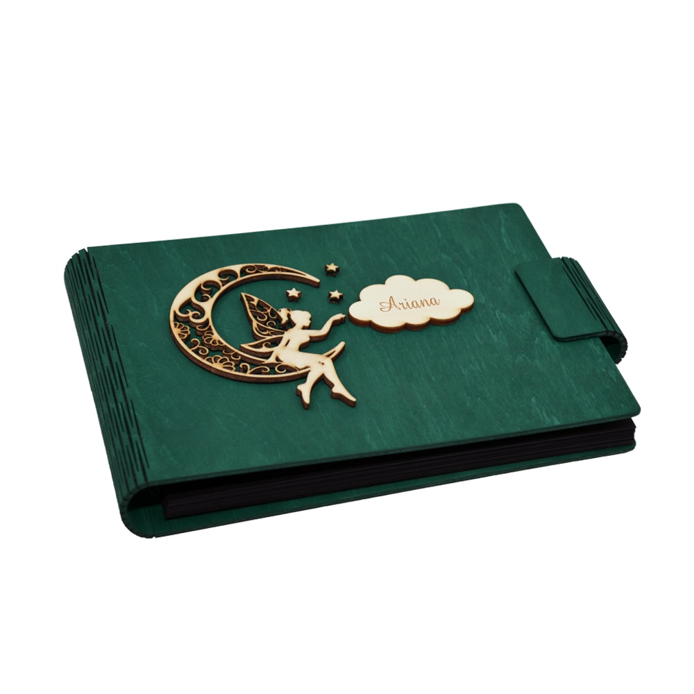 Album foto A5 personalizat din lemn Verde inchis, Piksel, GuestBook, Caiet amintiri pentru copii, Zana pe Luna
