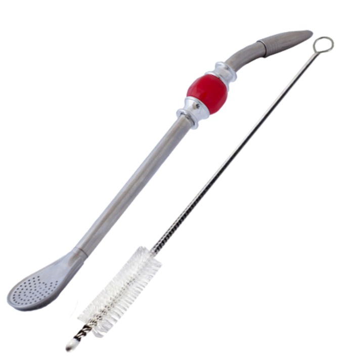 Bombilla, Grande, Cebador, Otel, Inoxidabil, Rosu, 22 cm