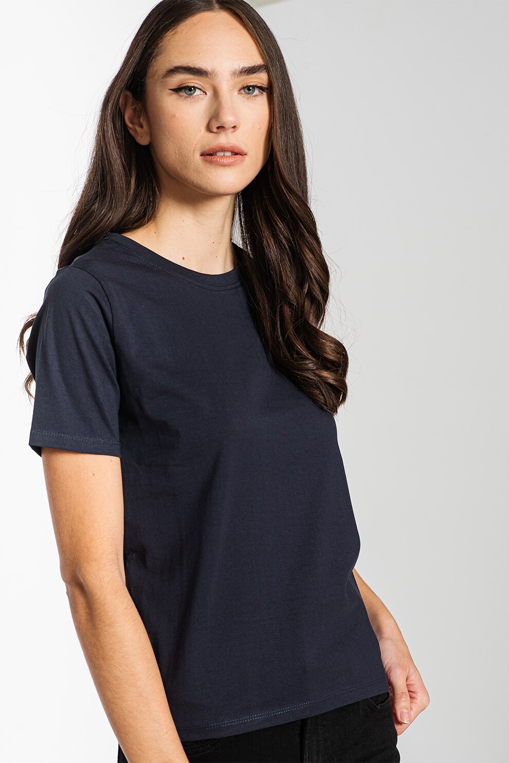 Mexx, Tricou de bumbac organic cu decolteu la baza gatului, Bleumarin