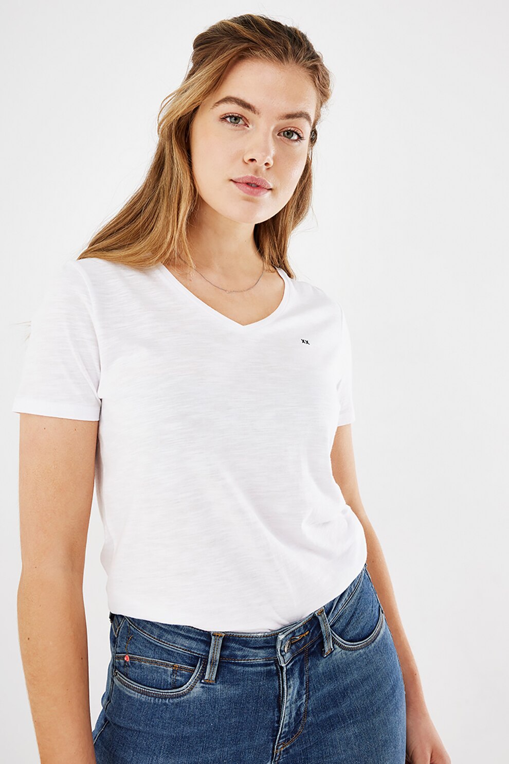 Mexx, Tricou din amestec de bumbac organic cu decolteu in V, Alb