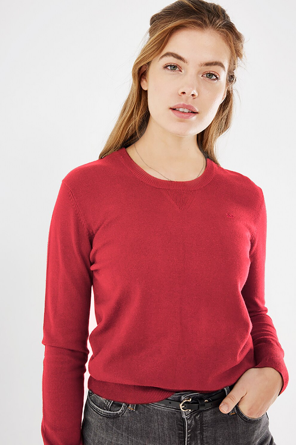 Mexx, Pulover tricotat fin cu logo brodat pe piept, Rosu