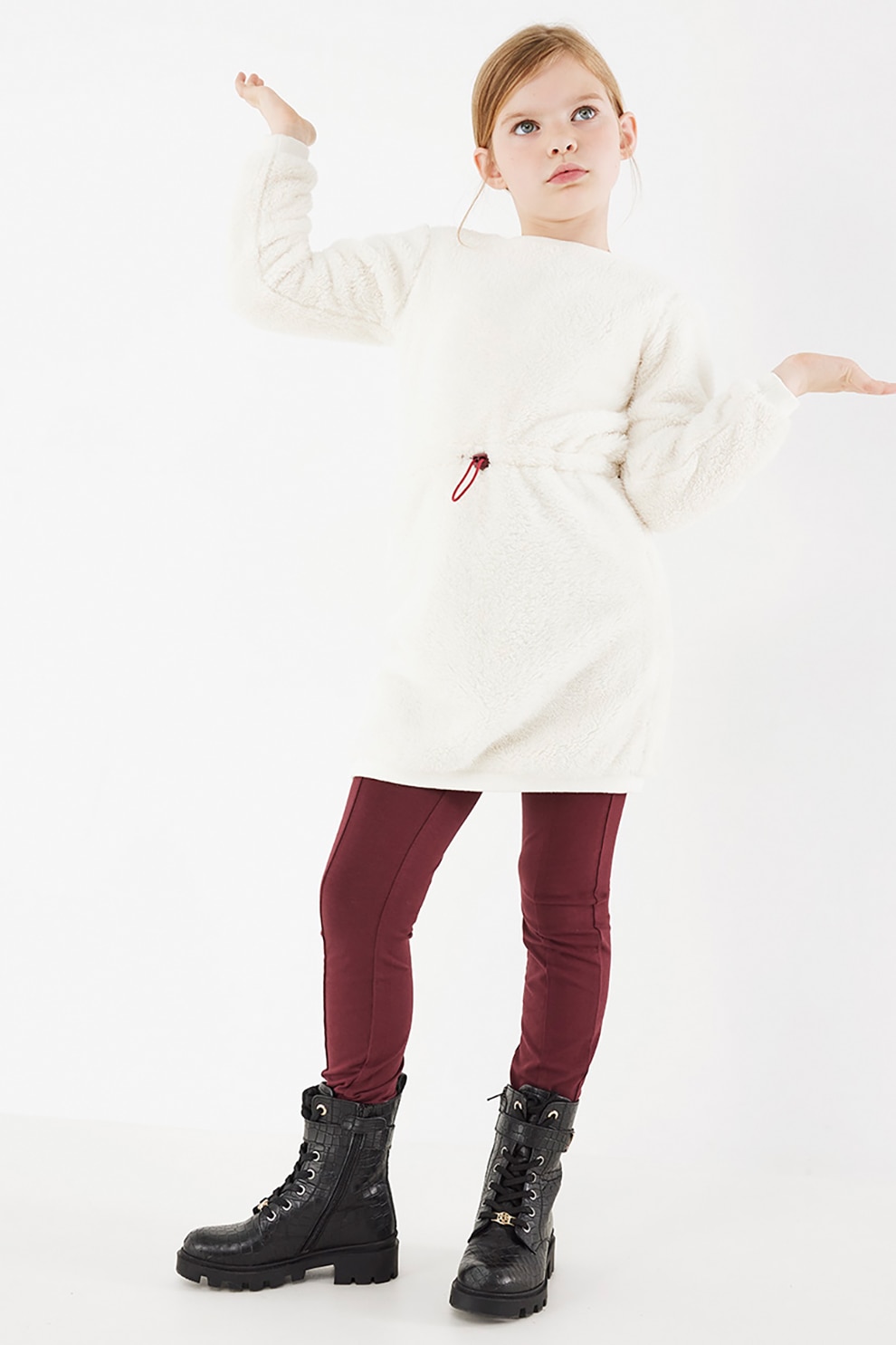 Mexx, Rochie pufoasa cu snur in talie, Alb/Rosu inchis