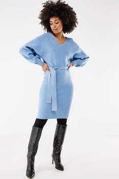 Mexx, Rochie-pulover cu decolteu in V si cordon detasabil in talie, Albastru deschis Mexx, Rochie-pulover cu decolteu in V si cordon detasabil in talie, Albastru deschis
