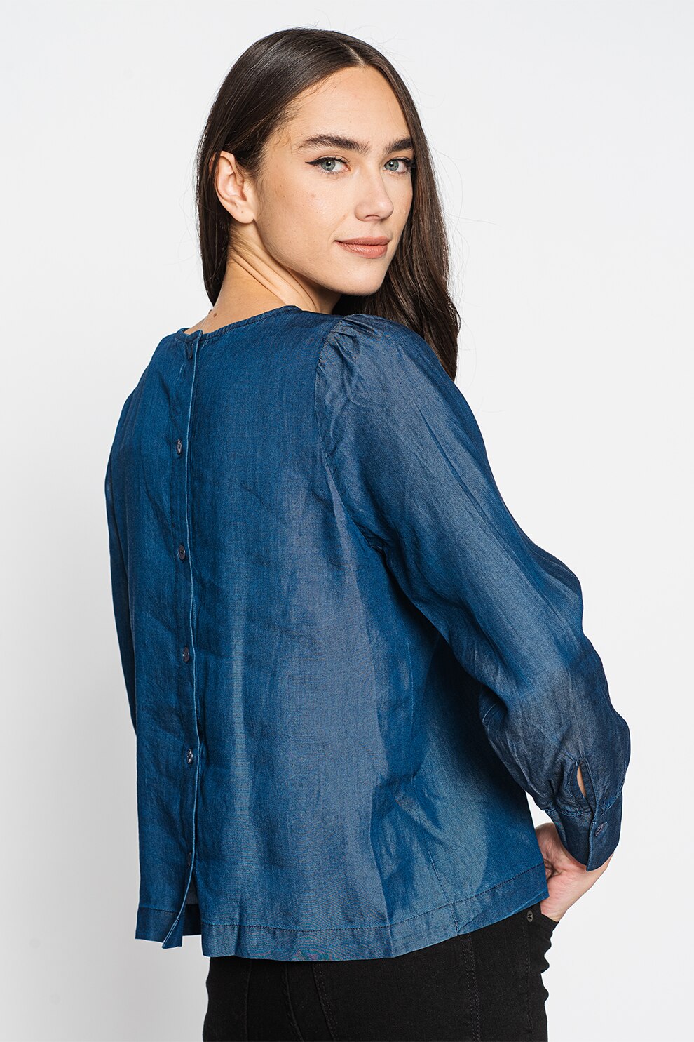 Mexx, Bluza din material chambray cu decolteu rotund, Albastru prafuit