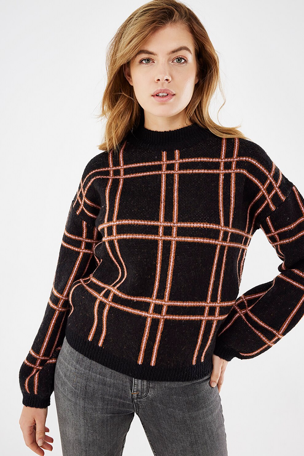 Mexx, Pulover cu imprimeu si decolteu la baza gatului, Negru/maro caramel/alb