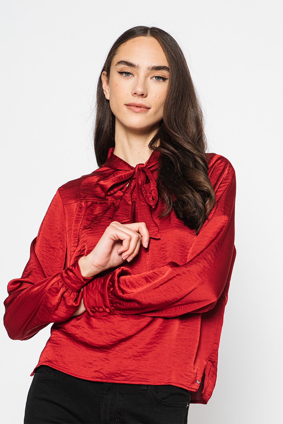 Mexx, Bluza din satin cu funda din panglici, Rosu inchis