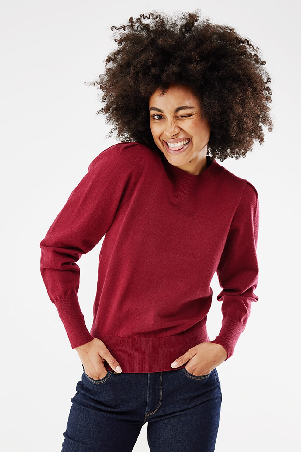 Mexx, Pulover cu decolteu la baza gatului si maneci bufante, Violet pruna