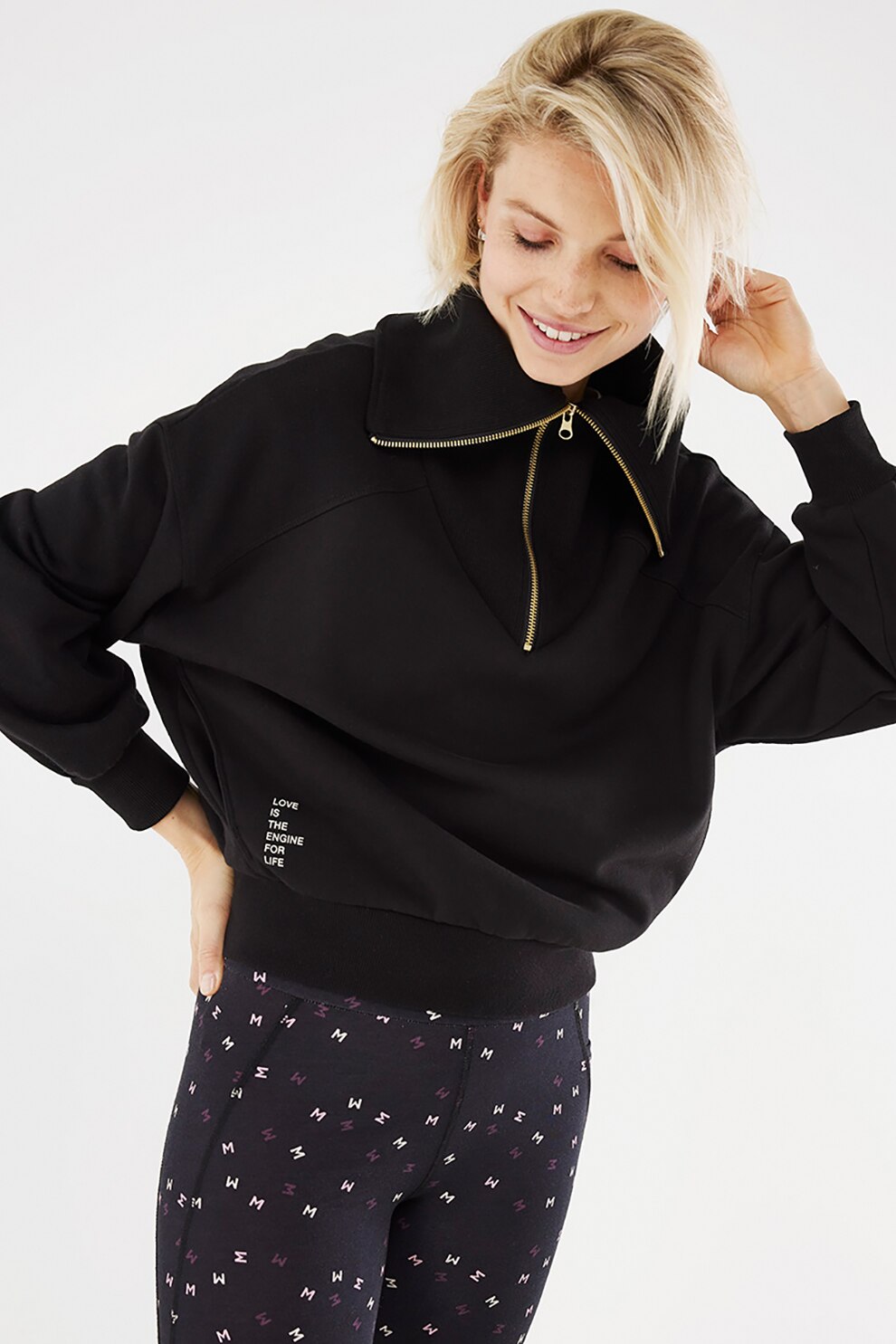 Mexx, Bluza sport cu fenta cu fermoar, Negru