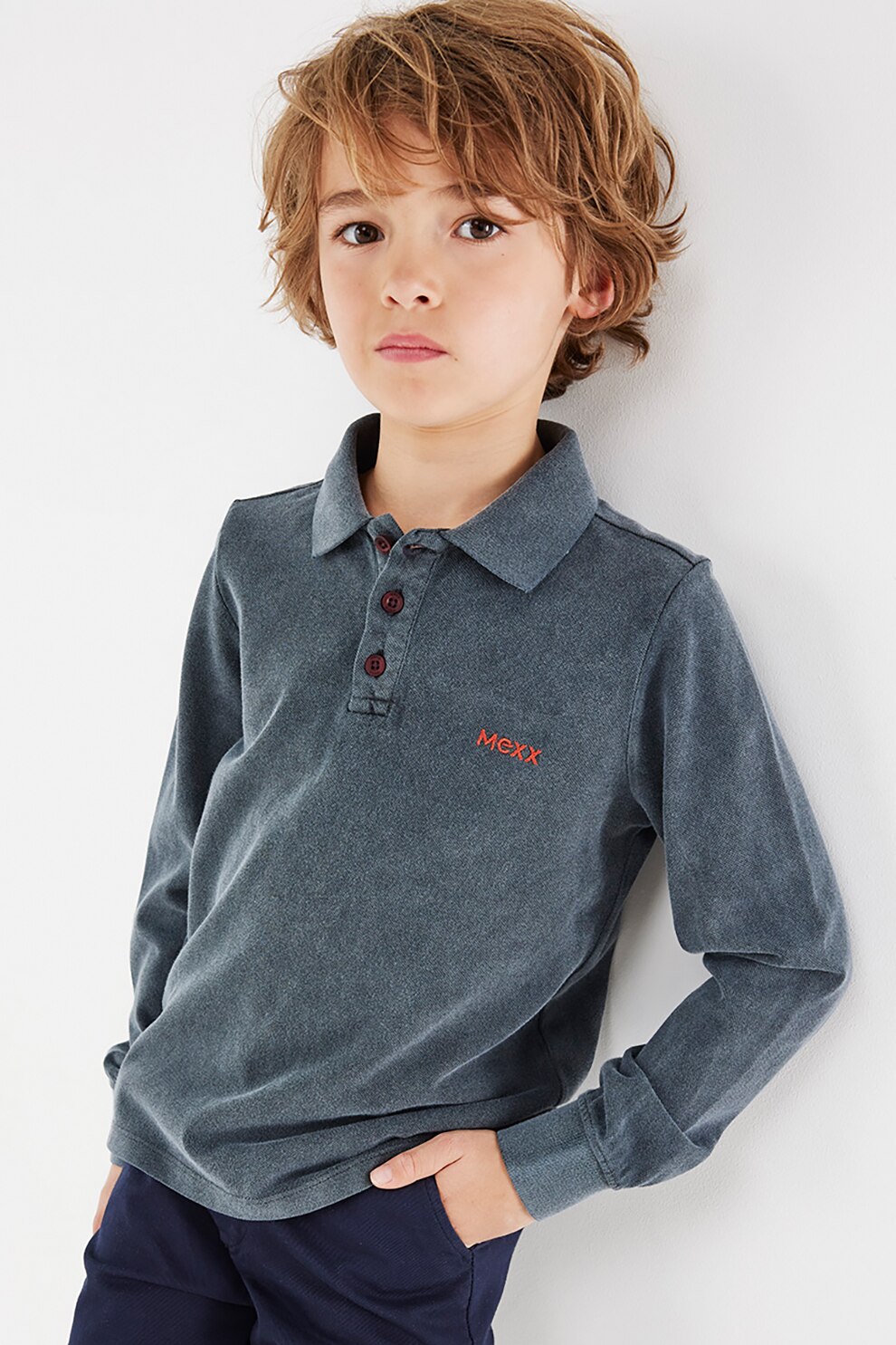 Mexx, Bluza polo din bumbac cu logo brodat pe piept, Gri carbune