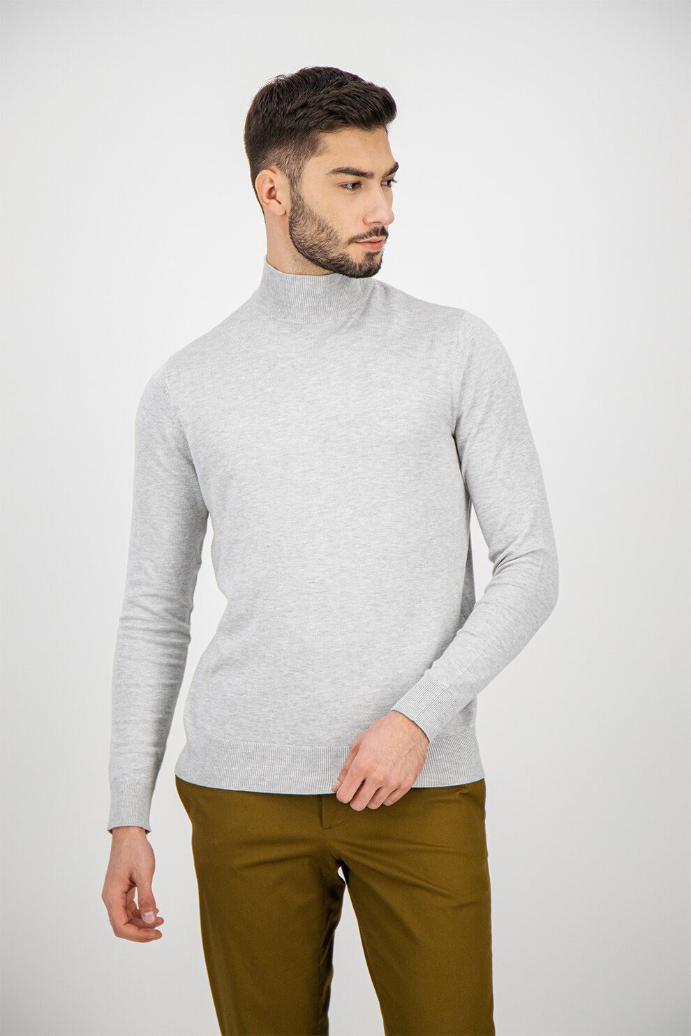 Mexx, Pulover slim fit tricotat fin, Gri deschis melange