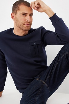 Mexx, Bluza sport cu decolteu la baza gatului si buzunar pe piept, Bleumarin Mexx, Bluza sport cu decolteu la baza gatului si buzunar pe piept, Bleumarin