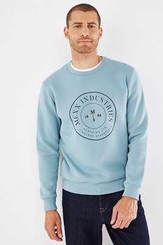 Mexx, Bluza sport cu decolteu la baza gatului si imprimeu text, Albastru aquamarin/Bleumarin Mexx, Bluza sport cu decolteu la baza gatului si imprimeu text, Albastru aquamarin/Bleumarin