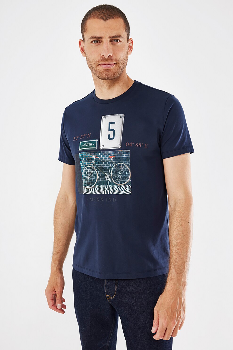Mexx, Tricou de bumbac cu imprimeu grafic, Bleumarin/Alb