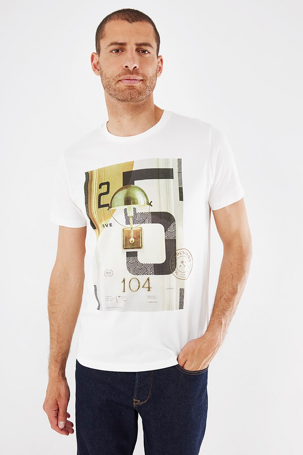 Mexx, Tricou de bumbac cu imprimeu grafic, Alb/Galben mustar/Kaki