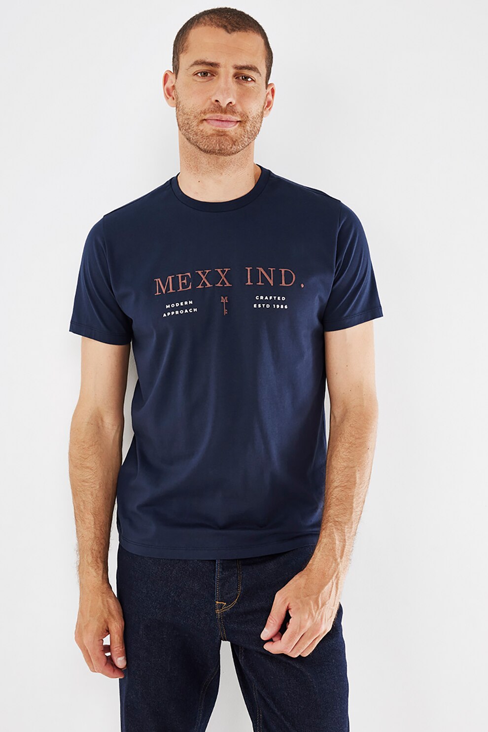 Mexx, Tricou de bumbac cu imprimeu logo, Bleumarin/Rosu stins