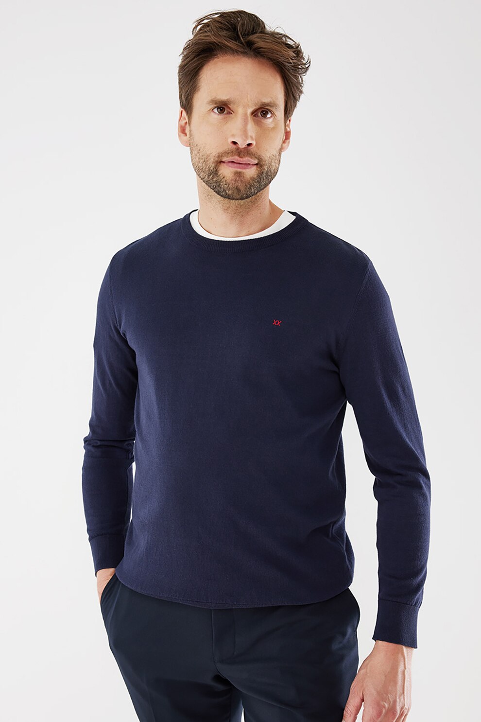 Mexx, Pulover tricotat fin cu decolteu la baza gatului Brian, Bleumarin