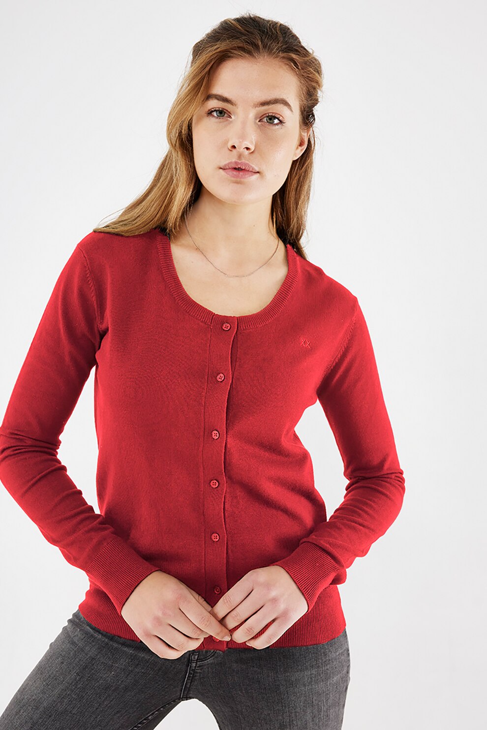 Mexx, Cardigan tricotat fin cu logo mic brodat, Rosu
