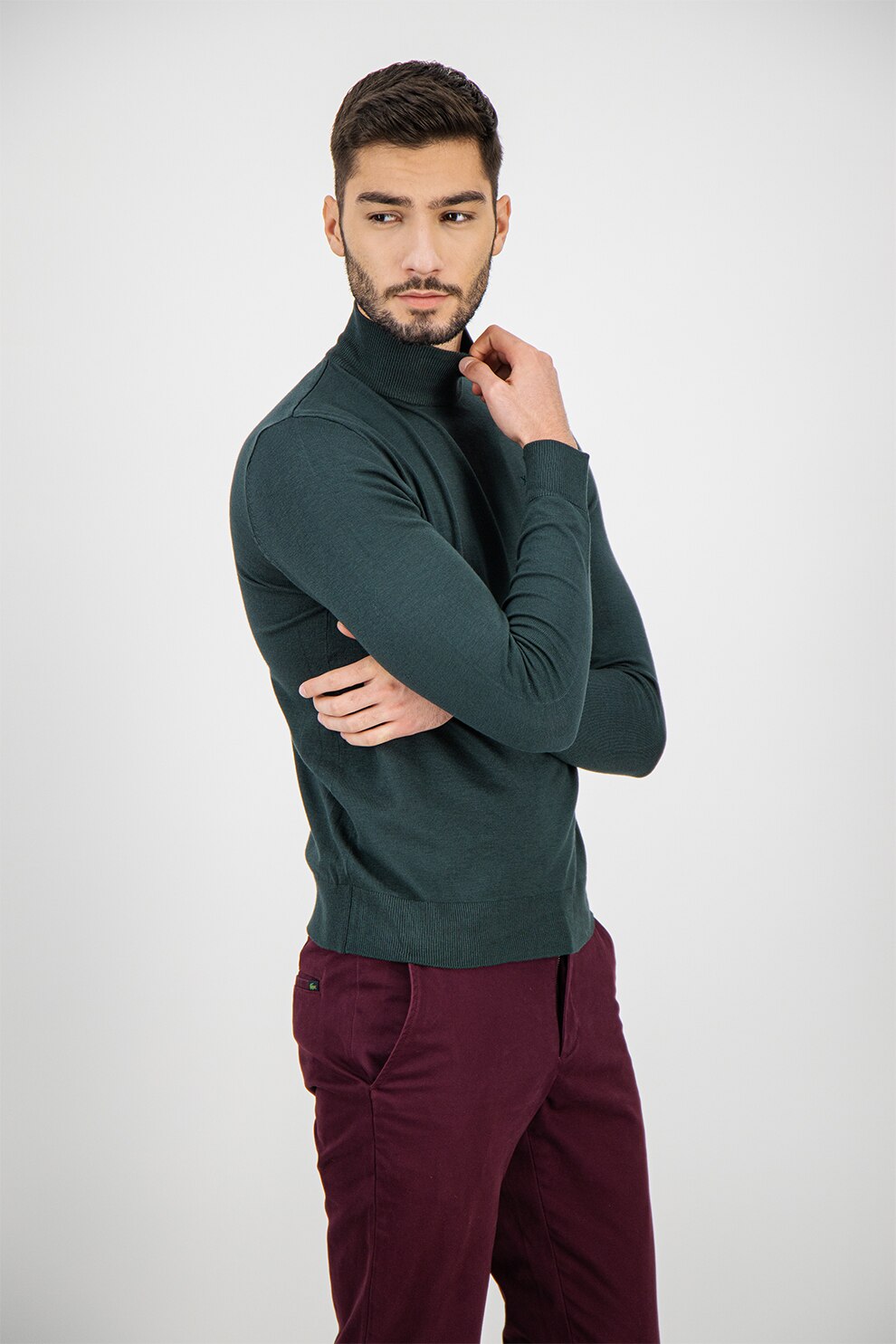 Mexx, Pulover slim fit tricotat fin, Verde englez