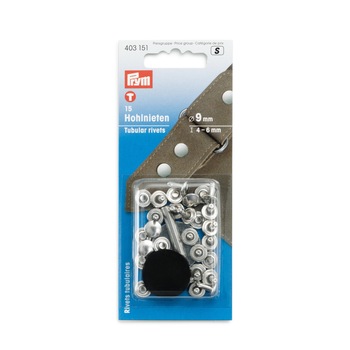 Set riveti tubulari de 9 mm, pentru materiale cu grosime 4-6 mm, 15 buc, argintii cu aplicator, Prym Set riveti tubulari de 9 mm, pentru materiale cu grosime 4-6 mm, 15 buc, argintii cu aplicator, Prym
