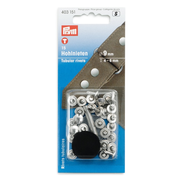 Set riveti tubulari de 9 mm, pentru materiale cu grosime 4-6 mm, 15 buc, argintii cu aplicator, Prym