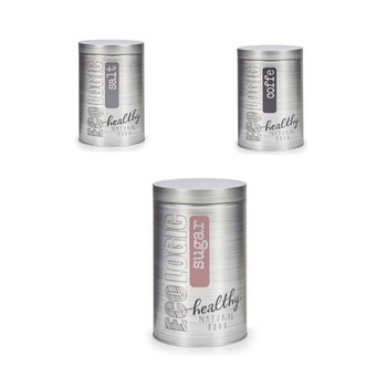 Set 3 Cutii Depozitare Din Metal Culoare Gri Cu Model Imprimat Pentru Sare ,Zahar Si Cafea Set 3 Cutii Depozitare Din Metal Culoare Gri Cu Model Imprimat Pentru Sare ,Zahar Si Cafea