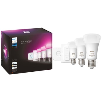 Pachet 3 becuri LED RGB Philips Hue, Wi-Fi, Bluetooth, Zigbee, A60, E27, 9W (75W), 806-1100 lm, lumina alba si colorata + Consola Hue Bridge + Intrerupator Pachet 3 becuri LED RGB Philips Hue, Wi-Fi, Bluetooth, Zigbee, A60, E27, 9W (75W), 806-1100 lm, lumina alba si colorata + Consola Hue Bridge + Intrerupator