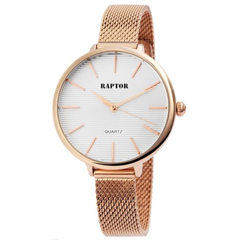 Ceas dama, Raptor, carcasa si bratara impletita tip milanez auriu, cadran alb cu linii orizontale Ceas dama, Raptor, carcasa si bratara impletita tip milanez auriu, cadran alb cu linii orizontale