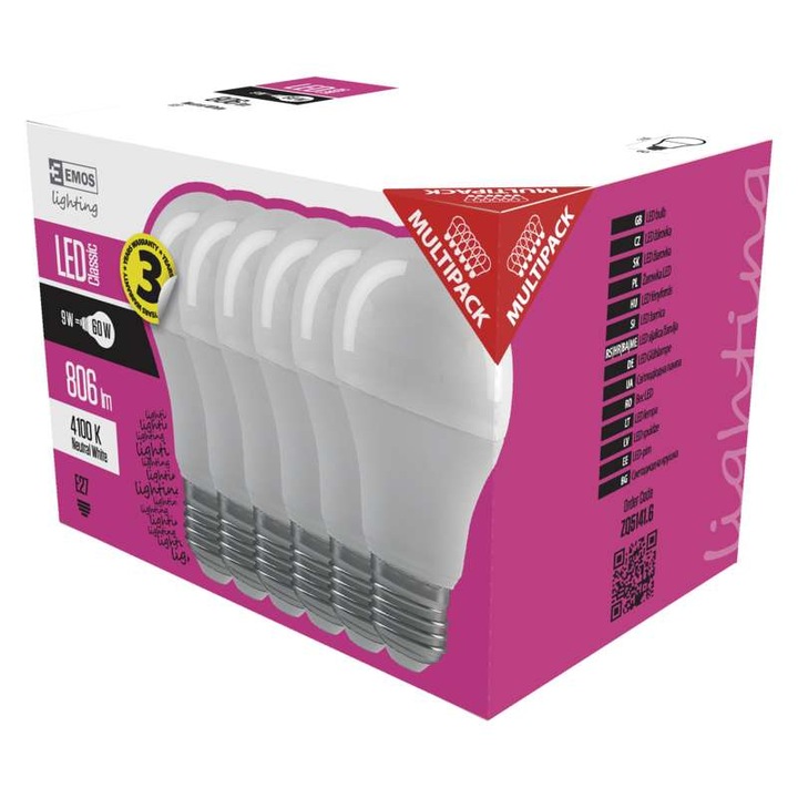 Emos LED izzó classic, A60, 9W, E27, természetes fehér (ZQ5141.6)