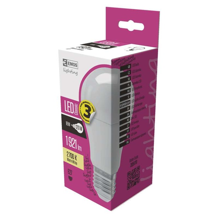 LED крушка Emos classic, A67, E27, 18W, Топло бяло (ZQ5170)