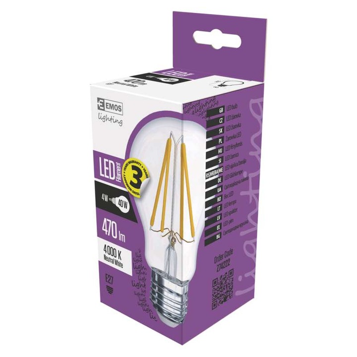 Emos LED izzó filament, A60, E27, 4W, természetes fehér (Z74222)