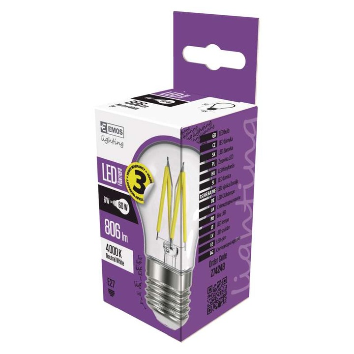 Крушка Emos, Z74248, Прозрачен, LED 6W, 806lm, 4000K