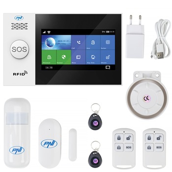 Sistem de alarma wireless PNI SafeHouse HS650 Wifi GSM 4G, cu ecran tactil, suporta 100 zone wireless si 4 zone cu fir, compatibil cu aplicatia Tuya Smart, alerta prin SMS, apel vocal, notificare pe telefon Sistem de alarma wireless PNI SafeHouse HS650 Wifi GSM 4G, cu ecran tactil, suporta 100 zone wireless si 4 zone cu fir, compatibil cu aplicatia Tuya Smart, alerta prin SMS, apel vocal, notificare pe telefon
