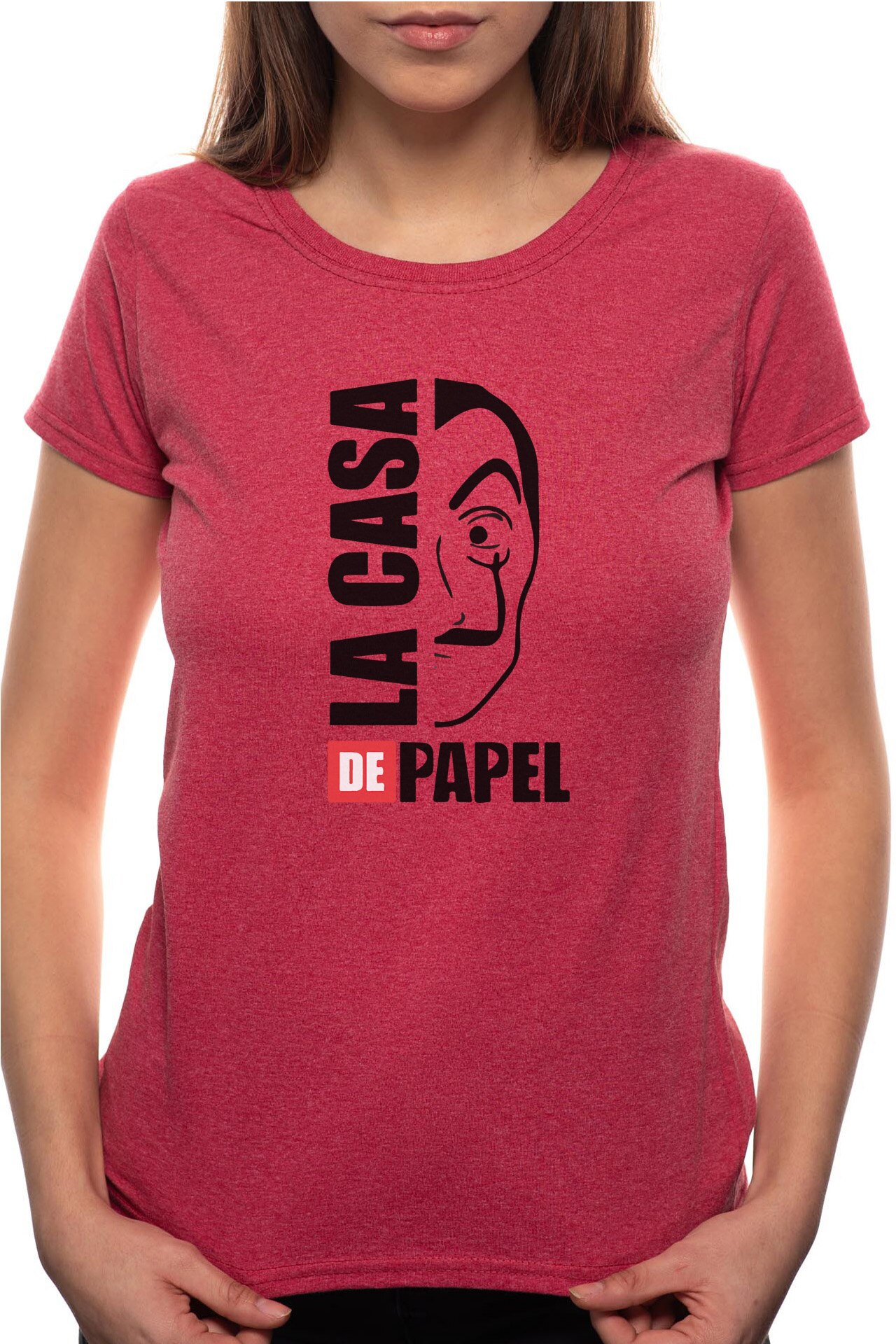 Tricou dama, La Casa De Papel, 100% Bumbac, B141, Rosu Bordeaux