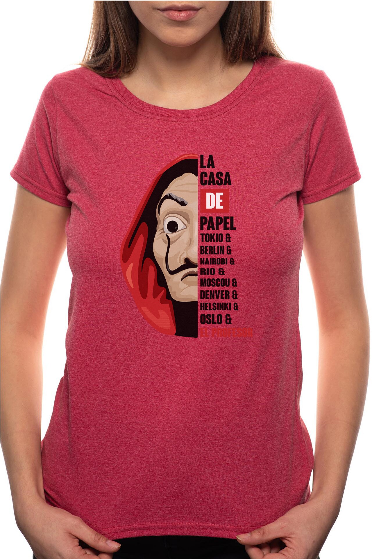 Tricou dama, La Casa De Papel, 100% Bumbac, B143, Rosu Bordeaux